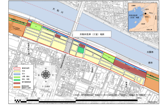大和川沿川高規格堤防化モデル市街地　地図
